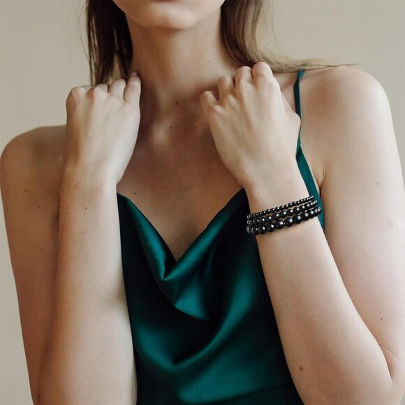 3PCS Black Onyx Healing Crystal Natural Stone Beaded Stretch Bracelet for Women - Picture 3 of 6